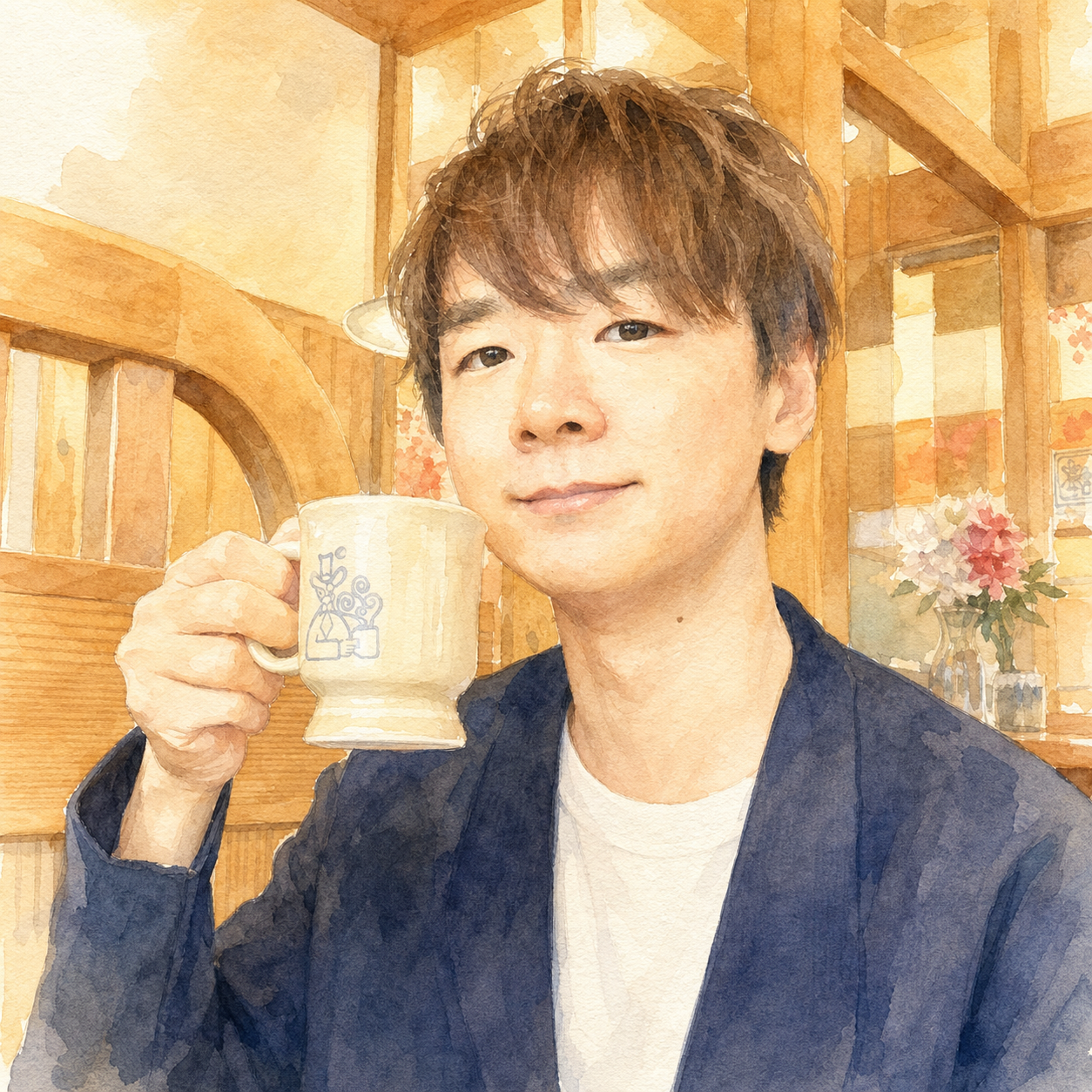 カフェにいる川井匠の水彩風プロフィールイラスト