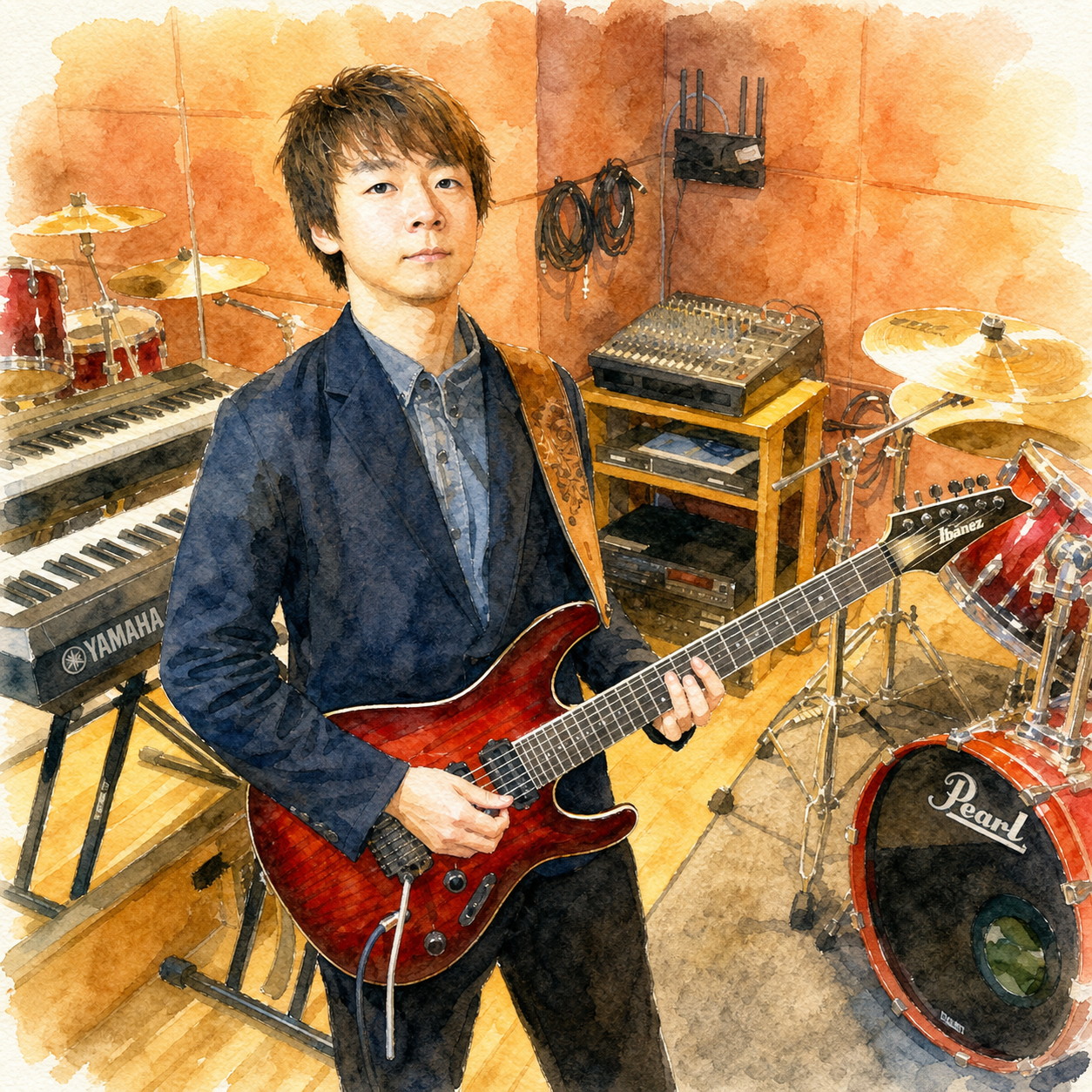 ギターを持つ川井匠の水彩風プロフィールイラスト